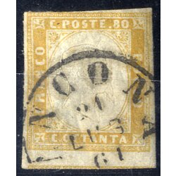 1861, 80 Cent. giallo arancio, difetti, firm. Oliva (S. 17C)