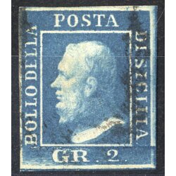 1859, 2 Gr. azzurro, terza tavola, firm. A. Diena (S. 8)