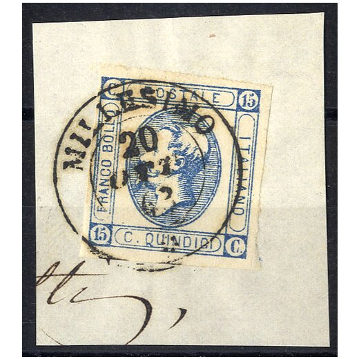 "MILLESIMO 20 / OTT / 63", annullo d.c. rosetta su 15 Cent. litografico su frammento (S. 13 - 5P.)