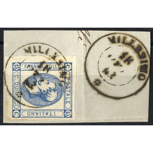 1863, "MILLESIMO 18 / OTT / 63", annullo d.c. rosetta su 15 Cent. litografico su frammento (S. 13 - 5P.)
