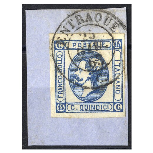 "ENTRAQUE 25 / GIU. / 63", annullo d.c. C su 15 Cent. litografico su frammento (S. 12 - 6P.)