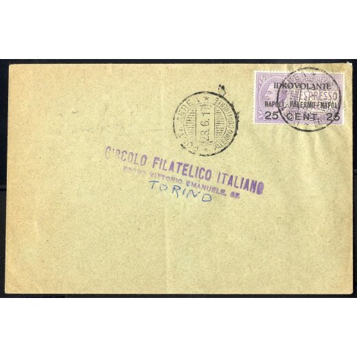 1917, Volo Palermo - Napoli, lettera del 28.6.1917 affrancata con Sass. A2