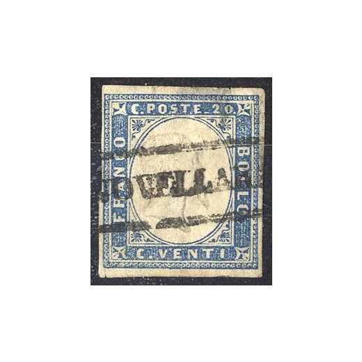1863, "NOVELLARA", annullo in cartella su 20 Cent. Sardegna, assottigliata in alto (S. 9P.)