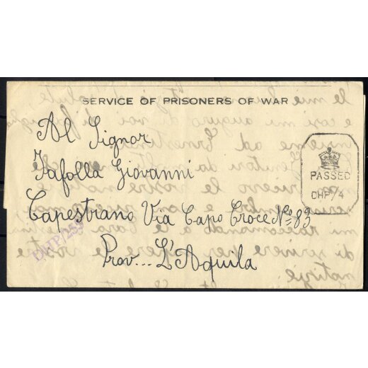 1944, Prigionieri di guerra, lettera del 25.8.1944 di un soldato italiano internato a Bombay in India, censura