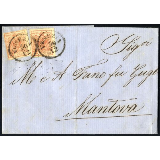 1854, Lettera da Milano 30.12.1856 per Mantova affrancata con due esemplari 15 Cent. con tinte di colori differenti (S. 20)