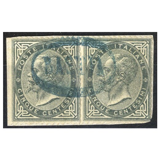 &quot;BASTIA&quot; 1863/65, annullo ovale in azzurro su due esemplari 5 Cent. (enrambi difettosi) su frammento (S. 16)