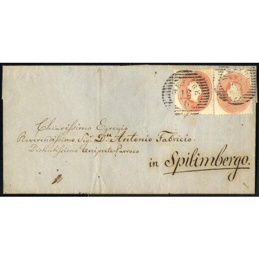 "MESTRE 12 / 6", due annulli LO su due esemplari 5 Soldi rosso su lettera della seconda distanza per Spilimbergo (S. 33)