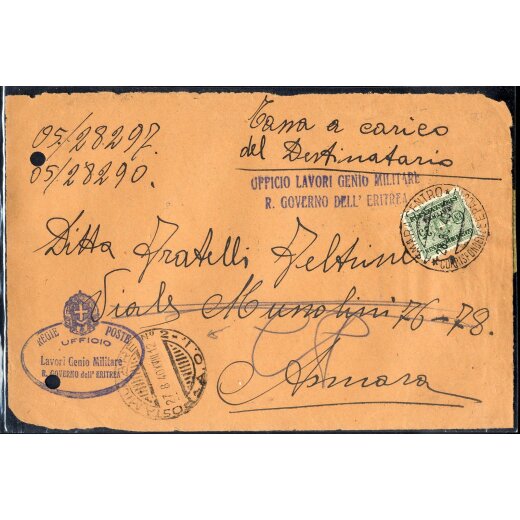 1940, frontespizio di lettera "tassa a carico" da Asmara il 28.8. per citt? con segnatasse 25 c., due fori di archiviazione, Sass. 29 / 350,-