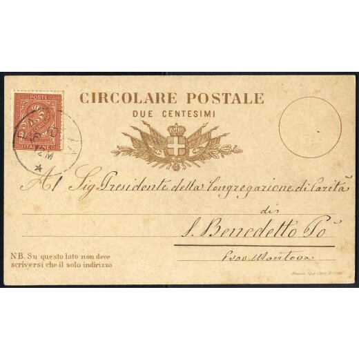 1886, Circolare Postale da 2 c. affrancata con 2 c. da Abano Terme per S. Benedetto Po, Sass. 15