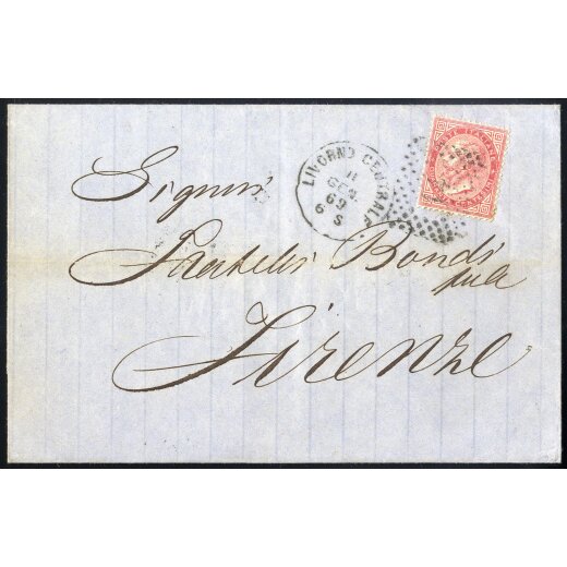 1863-65, lettera da Livorno l´11.1.69 per Firenze affrancata con 40 c. con annullo numerale a punti, V.E. II, Sass. L 20