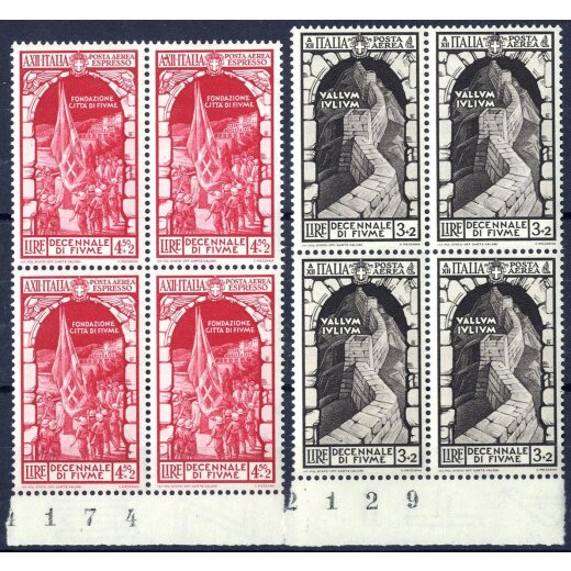 1934, Fiume, posta aerea, la serie di 9 val. in quartine (S. A60-68)