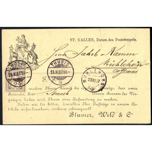 1887, Warenangebotskarte der Firma Blumer, Wild &amp; Cie. aus St. Gallen, frankiert mit 2 (C) von Thusis am 23.11. nach M&uuml;hlehorn, rechts Aufnadelungsloch ausgebrochen, Mi. 50X