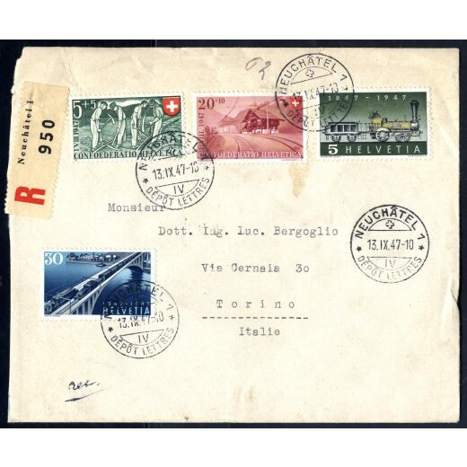 1947, eingeschriebener Brief von Neuchatel am 13.9. nach Turin, frankiert mit 60 (C) Mi. 480,482,484,487