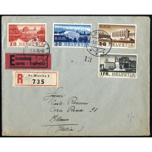 1944, eingeschriebener Expressbrief von St. Moritz am 5.9. nach Mailand, frankiert mit V&ouml;lkerbundserie, Mi. 321-324