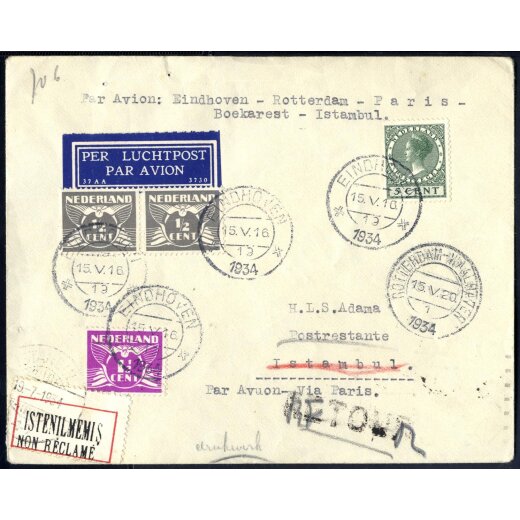 1934, Luftpostbrief &quot;Eindhoven-Istambul&quot; mit 7 1/2 C frankiert von Eindhoven am 15.5. nach Istambul (T&uuml;rkei), Mi. 151,171,173