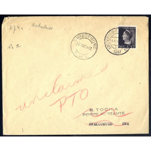 1947, Brief von Amsterdam am 14.5. nach Swakopmund (DSWA) und zurück, mit 60 C Wilhelmina als Einzelfrankatur, Mi. 452