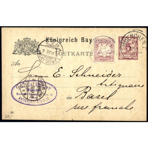 1888, Ganzsachenkarte 5 Pf mit wertgleicher Zusatzfrankatur von München am 25.6. nach Basel, Mi. P30/04w, 55A / 60