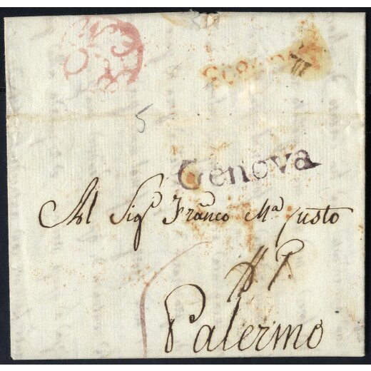 1803, Ufficio della posta di Napoli in Roma, Bollo "Genova" lilla inchiostro acquoso da Genova il 18.6. per Palermo, timbro d`arrivo, Vollmeier N. 24.7 e 6.2 Punti 5+3