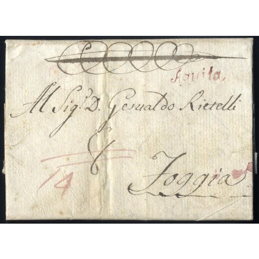 1802, Bollo "Aquila" lilla acquosa, lettera del 15.5. per Foggia passando per Napoli (bollo 6.2 di transito sul verso), Vollmeier Aquila 2 Punti 5+3