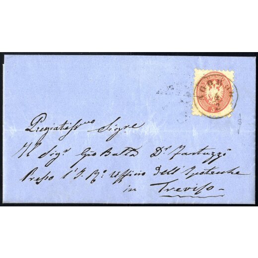 "AGORDO 4 / 2", annullo C1 su 5 Soldi rosa su lettera del 4.2.1865 per Treviso, firm. Sottoriva (S. 43 - 3P.)