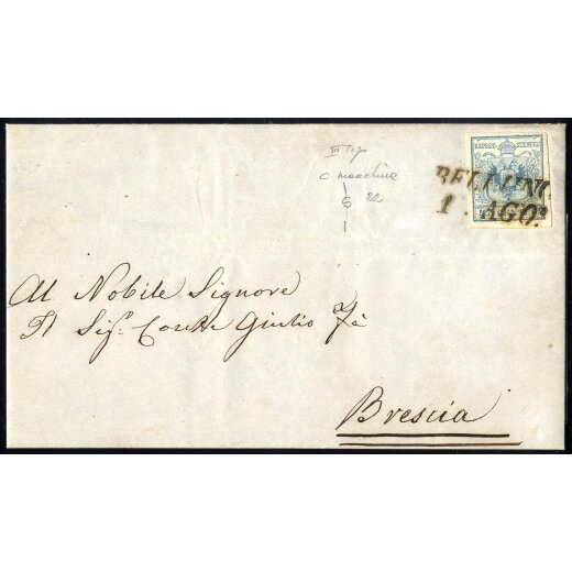 1854, 45 Cent. azzurro, carta a amacchina, su lettera da Belluno 1.8.1857 per Brescia,firm. Sottoriva (S. 22 / 400,-)