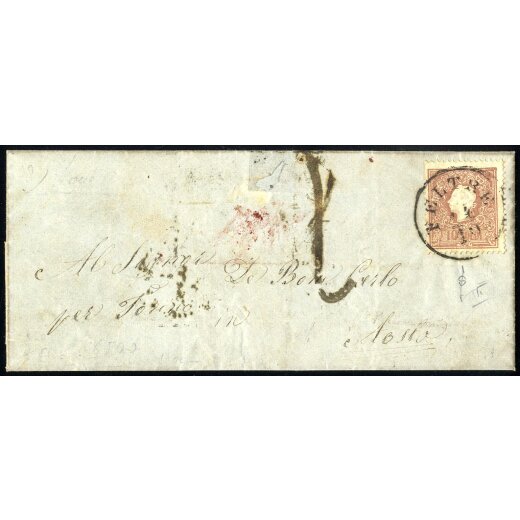 "FELTRE 14 / 10", annullo C1 su 10 Soldi su lettera del 14.10.1861 affrancata fino al confine per Aosta, tassa "2" sul fronte, firm. Sottoriva (S. 31)