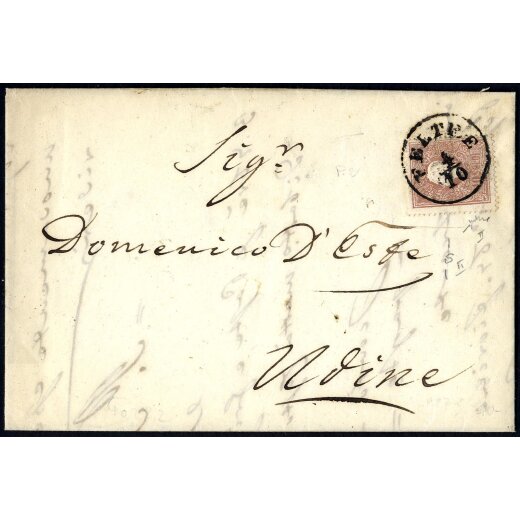 "FELTRE 4 / 10", annullo C1 su 10 Soldi su lettera del 4.10.1861 per Udine, firm. Sottoriva (S. 31)