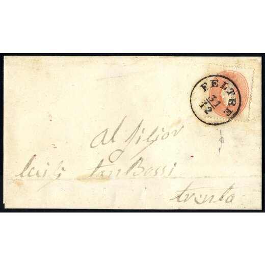 "FELTRE 31 / 12", annullo C1 su 5 Soldi rosso su lettera del 31.12.1862 per Trento, firm. Sottoriva (S. 33)