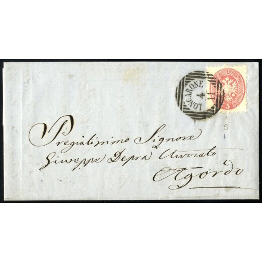 &quot;LONGARONE 4 / 11&quot;, annullo LOV su 5 Soldi rosa su lettera del 4.11.1865 per Agordo, firm. Sottoriva (S. 43 - 3P.)