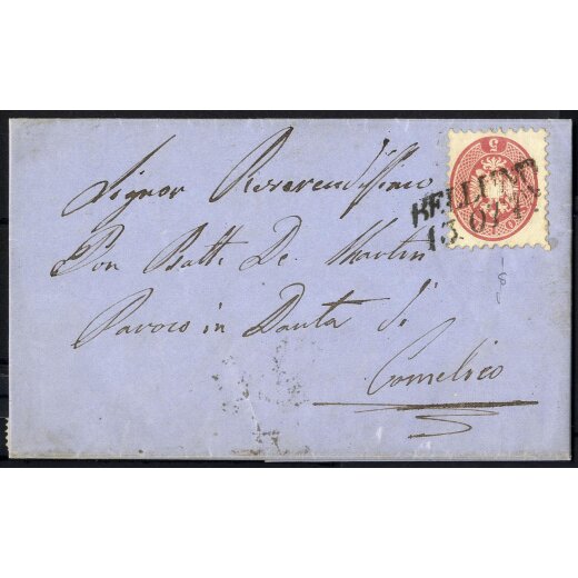 "BELLUNO / 13. OTT.E", annullo SI su 5 Soldi rosa su lettera del 13.10.1864 per Comelico, firm. Sottoriva (S. 43)