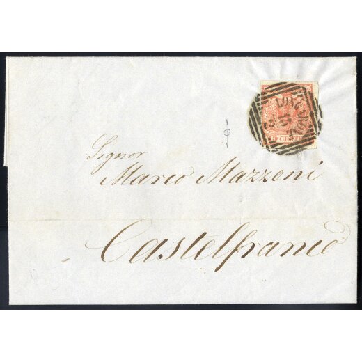&quot;LONGARONE 15 / 2&quot;, annullo LOV su 15 Cent. rosso su lettera per Castelfranco, firm. Sottoriva (S. 6 - 4P.)