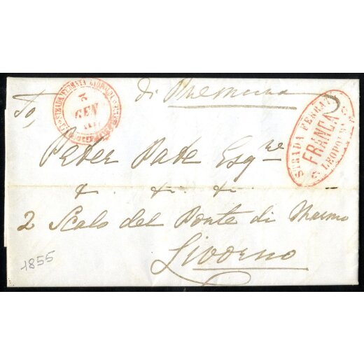 1855, lettera su ferrovia "Strada Ferrata Leopolda Franca" da Firenze il 3.1. per Livorno con testo
