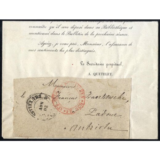 1865 ca., vorgedrucktes Dankesschreiben der königlichen Akkademie von Belgien betreffend eine Schenkung, aus Brüssel über Aachen nach Padua (Lombardo Veneto)