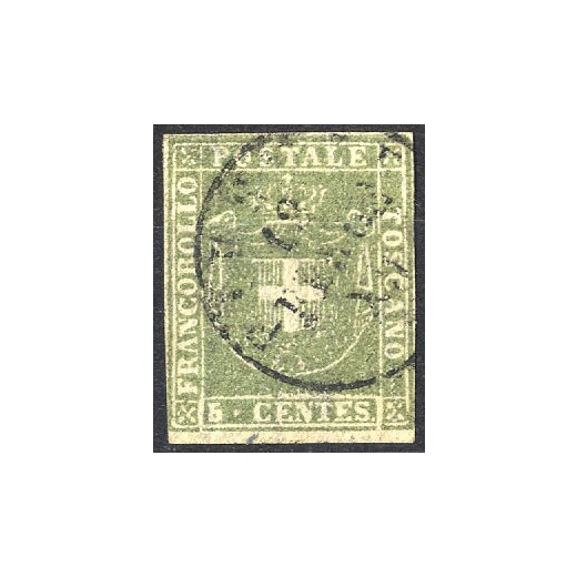 1860, Governo Provvisorio, 5 Cent. verde oliva, usato, periziato B&uuml;hler (Sass. 18a)
