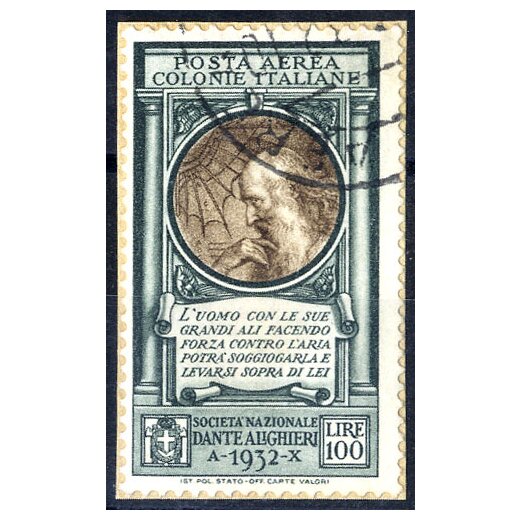 1932, Dante, 100 Lire posta aerea, usato su frammento (Sass. A14)
