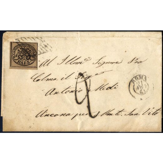 1852, 3 Baj. bistro arancio su lettera da Roma 21.11.1861 per Ancona, tassa "2" sul fronte (Sass. 4)