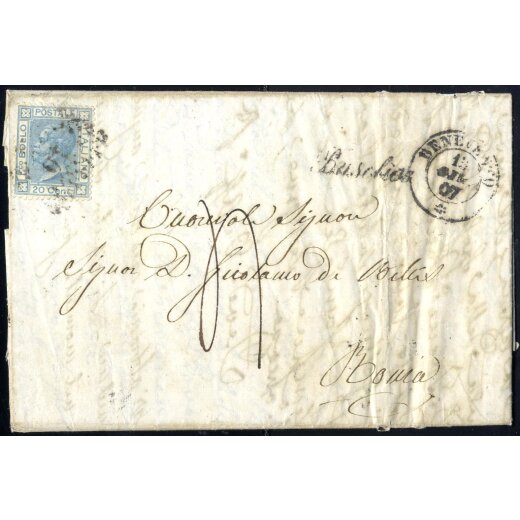"Baseline", annullo di collettoria su lettera del 12.6.1865 impostata a Benevento 13.6.1867 per Roma affrancata con 20 Cent. azzurro chiaro, tassa "4" sul fronte (Sass. L26 - 6P.)