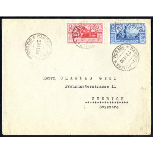 1930, Virgilio, lettera da Gardone Riviera 29.11.1930 per Zurigo affrancata per 2 Lire con Sass. 287 + 288