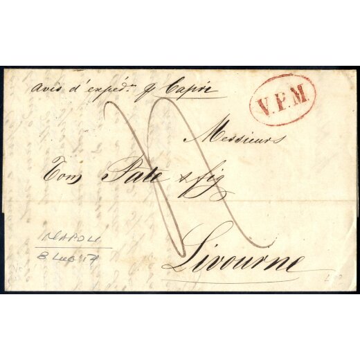 1851, "V. P. M.", annullo ovale in rosso su lettera da Napoli 8.7.1851 per Livorno, annotazione manoscritta "Avis d expeded.n p. Capri" e tassa sul fronte