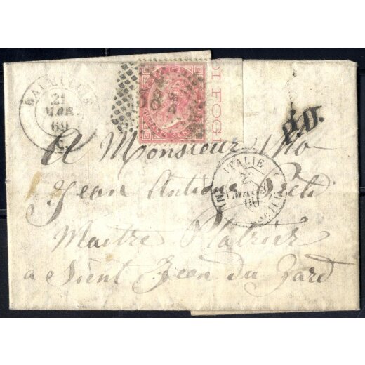 1869, 40 Cent. rosa carminio, tiratura di Londra, bordo di foglio a destra, su lettera del 21.3.1869 per St. Jean du Gard (Sass. L20)