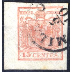 1850, 15 Cent. rosso chiaro, piccolo angolo di foglio,...