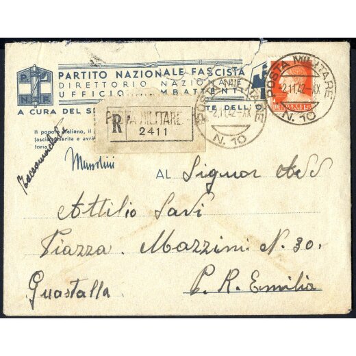 1942, Posta Militare 10, raccomandata del 2.11.1942 per Guastalla affrancata con 1,75 Lire Imperiale, annullo d arrivo al verso (S. 254)