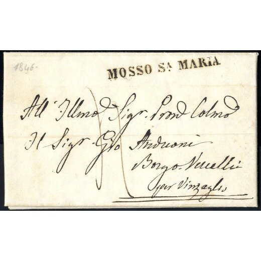 "MOSSO S.A MARIA", annuloo lineare su lettera del 10.12.1846 per Borgo Vercelli, tassa "4" sul fronte
