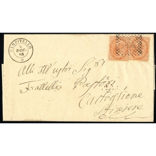 1866, Campitello, &quot;606&quot;, annullo numerale su due esemplari 10 Cent. su lettera del 4.12.1866 per Castiglione (S. T17)