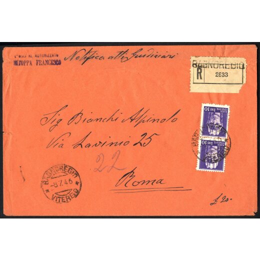 1946, Notificazione atti giudiziari, da Bagnoregio 8.7.1946 per Roma affrancata per 20 Lire con due esemplari 10 Lire violetto