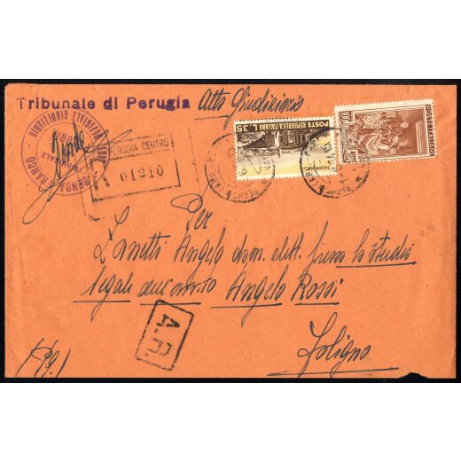 1954, Notificazione atti giudiziari, da Perugia 1.8.1954 per Foligno affrancata con Sass. 651 + 731