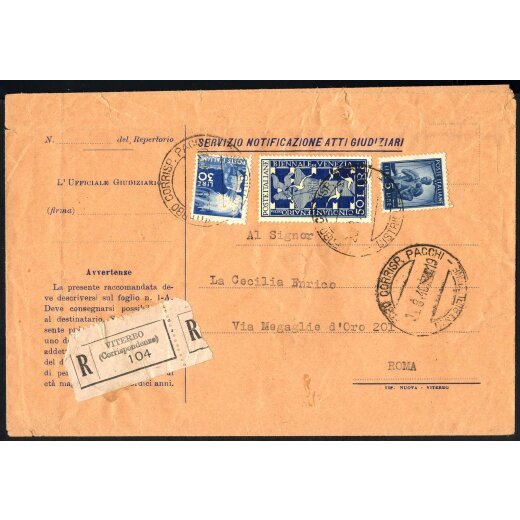 1949, Notificazione atti giudiziari, da Viterbo 1.8.1949 affrancata per 85 Lire con sass. 555 + 563 + 597
