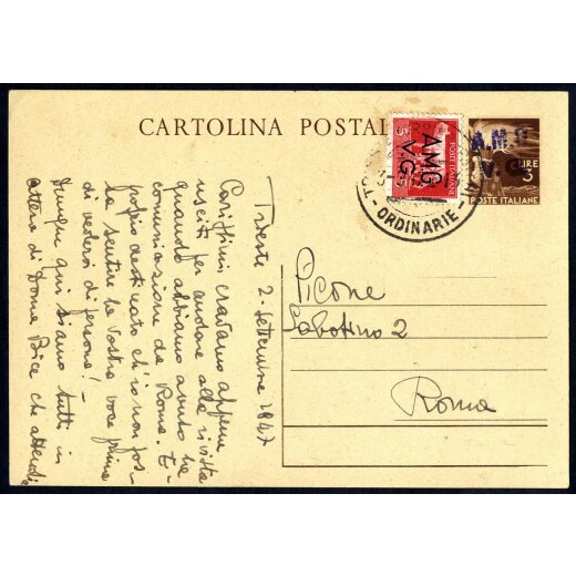 1947, cartolina postale 3 l. con soprastampa a mano in violetto con aggiunta di 5 l. lupa da Trieste per Roma il 2.9.47
