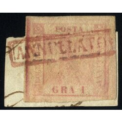 1858, 1 Grano rosa carminio, annullo rosso (S. 4)