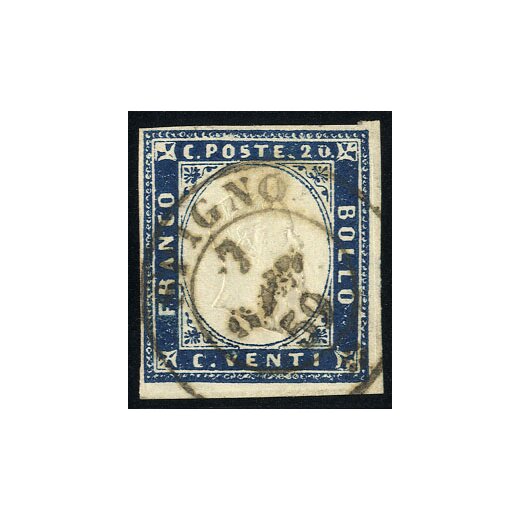 "Spigno", 1859, parziale annullo d.c. rosetta su 20 Cent. (S. 7P.)